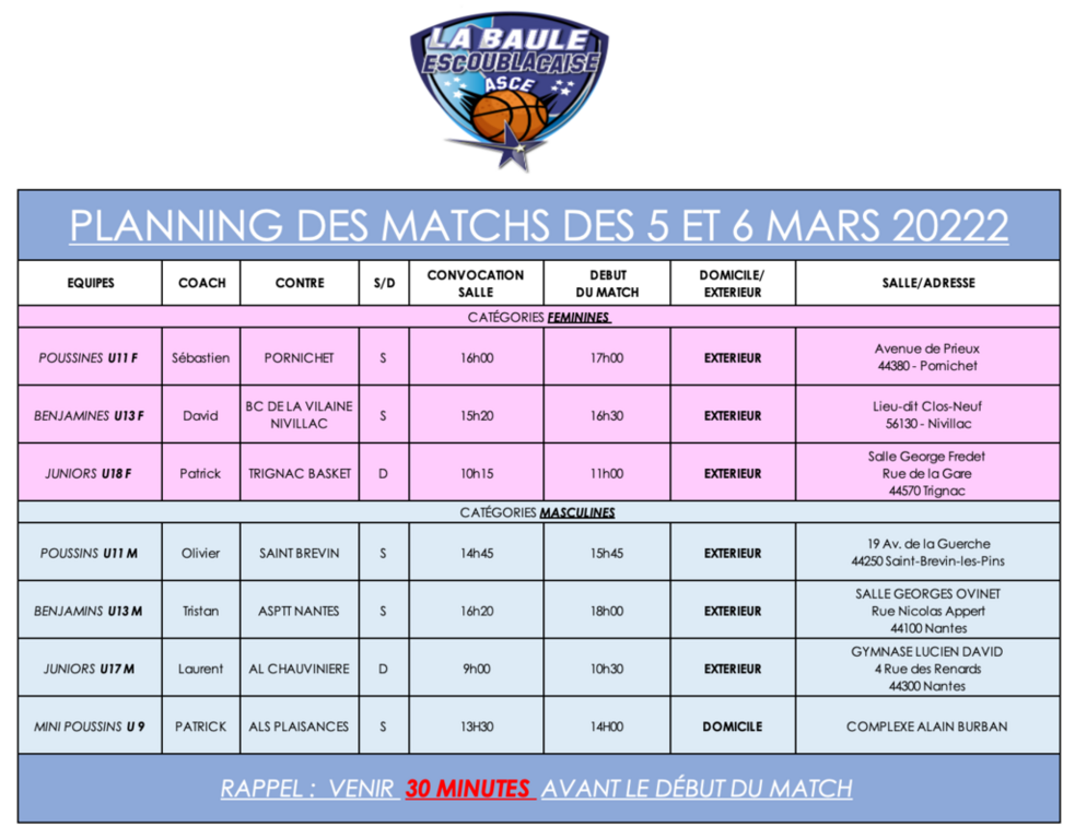 planning match 5/6 mars 