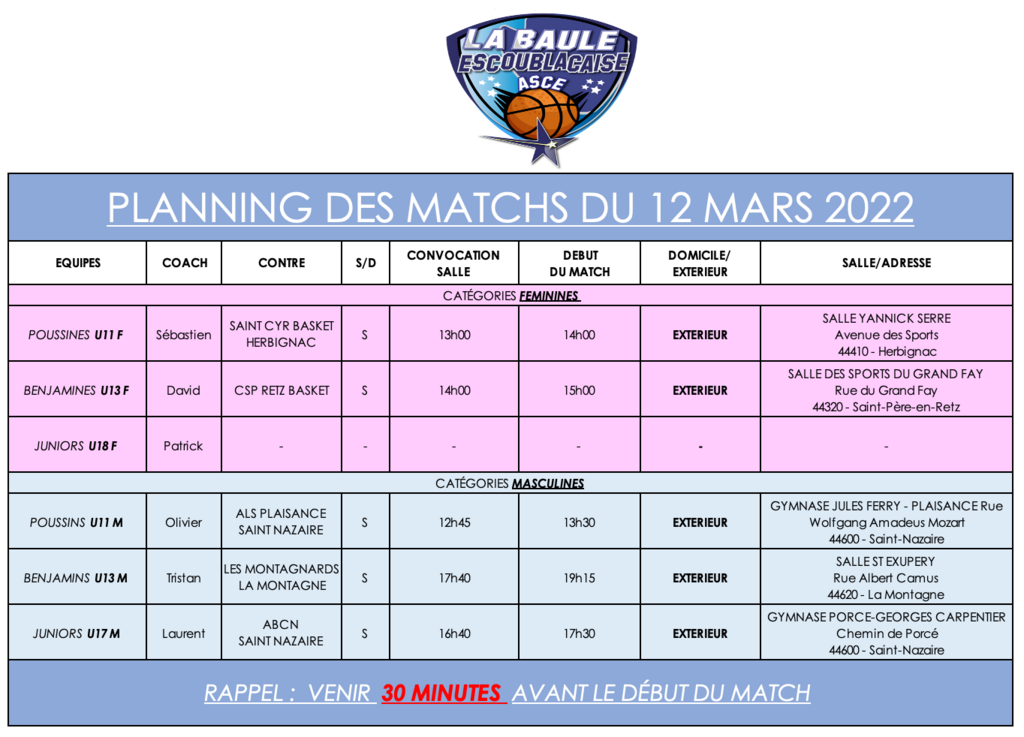planning matchs samedi 12 mars