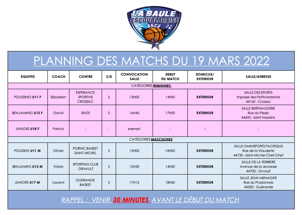 Planning matchs samedi 19 mars 