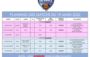 Planning matchs samedi 19 mars 